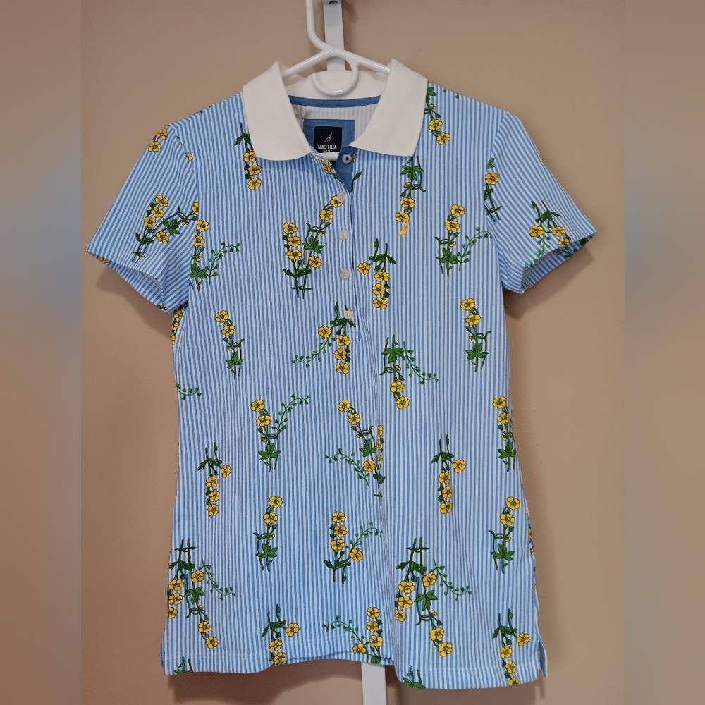 Nautica Women's (Size XS) Blue/Yellow Stripe Floral Print Cotton Polo Top (NWT)
